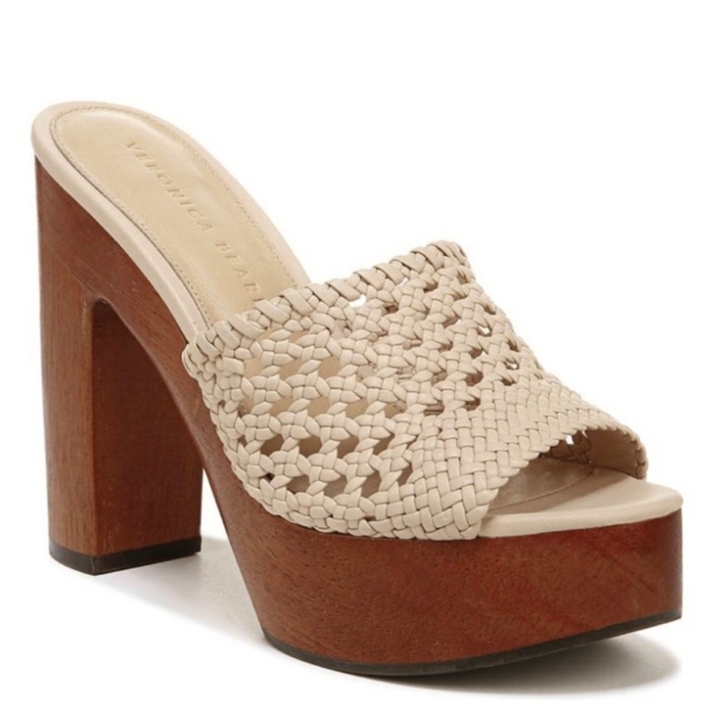 Veronica Beard Beige Woven Leather Platform Mules